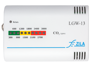 Multifunctional CO2 sensor with LED display and acoustic alarm, equipped with switching functions for both industrial and private applications.